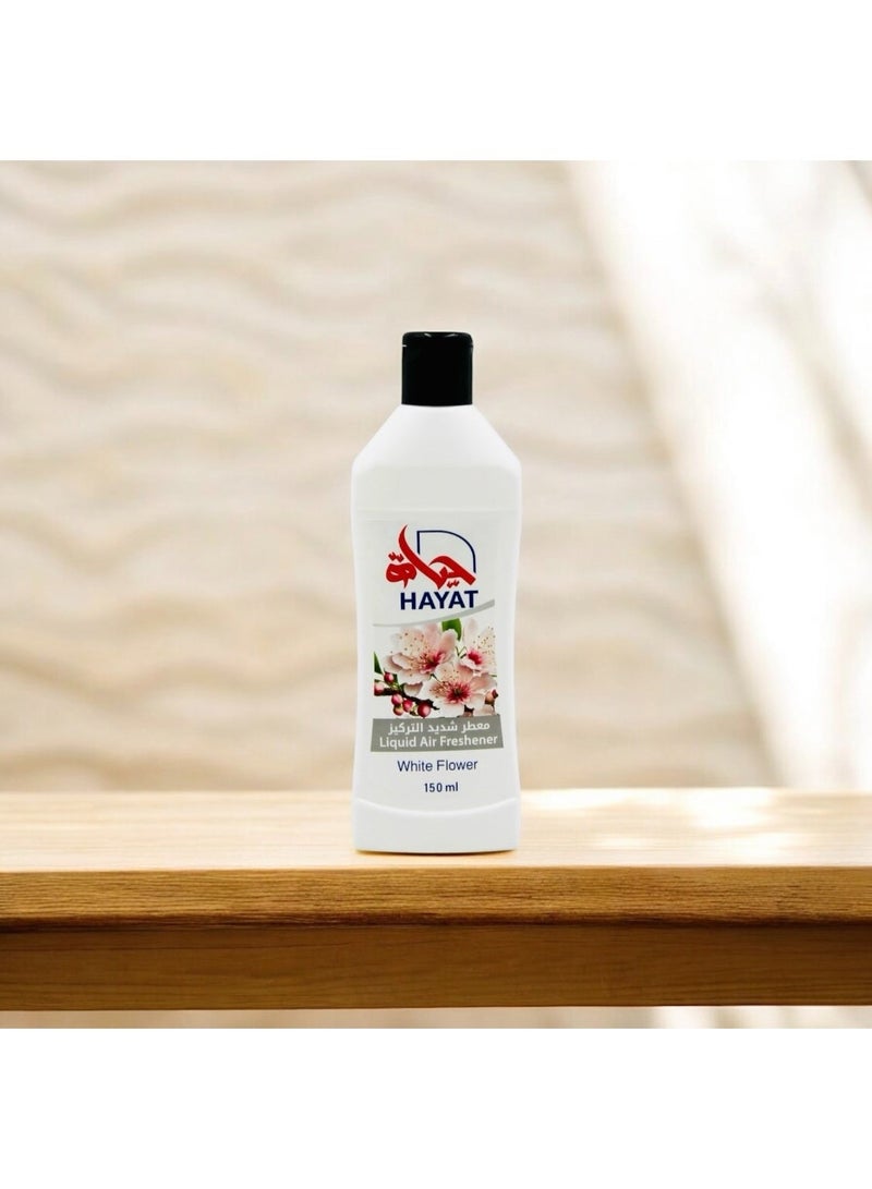 حياة معطر جو سائل، برائحة الزهور البيضاء، معطر هواء للحمام، يزيل الروائح الكريهة وينعش هواء الحمام، عطر يدوم طويلاً، لون أبيض، 150 مل - Image 1